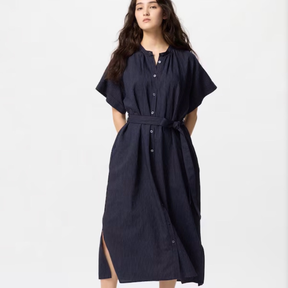Uniqlo Dark Blue Striped Button-Up Midi Dress